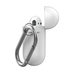 KeyBudz PodSkinz AirPods-fodral med fastsatt karbinhake, visat mot en vit bakgrund