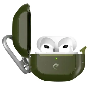 KeyBudz Element Series skyddsfodral för AirPods 3 i olivgrönt, öppet med hörlurar och karbinhake