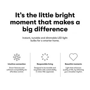 Lite Bulb Moments-infografik för den vita Ambience E27-filamentlampan, med fokus på dimbart ljus och funktioner för dygnsrytm
