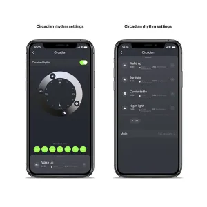 Appskärmar för Lite Bulb Moments som visar belysningsscheman för dygnsrytm och förinställda lägen