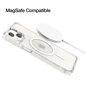 Just Mobile TENC genomskinligt iPhone 14-skal visas med MagSafe-laddare och Apple-logotyp, MagSafe-kompatibelt