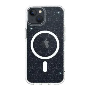 Just Mobile TENC klart glittrigt skal med MagSafe-ring för iPhone 14, visat på baksidan av en iPhone
