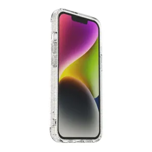 Just Mobile TENC genomskinligt glitterskal med MagSafe för iPhone 14, visat på en upprätt iPhone