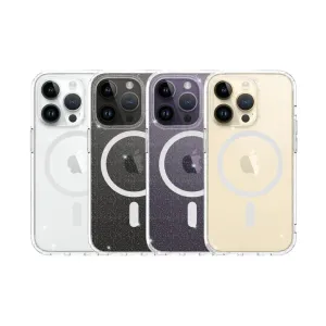 Just Mobile TENC MagSafe Case för iPhone 14 Pro visas i fyra färger med transparenta kanter och MagSafe-ring