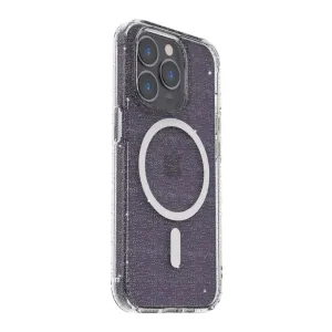Just Mobile TENC MagSafe-skal för iPhone 14 Pro, transparent glitterfinish med MagSafe-ring och upphöjd kamerautskärning.