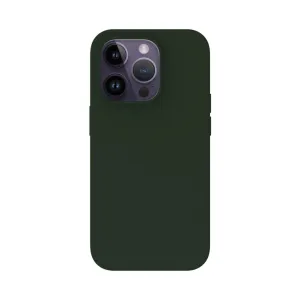Just Mobile TENC silikonskal för iPhone 14 Pro i mörkgrönt, med slimmad matt finish och upphöjd kamerautskärning