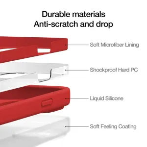 Infografik för Just Mobile TENC Silicone Case som visar skydd i flera lager med mjuk mikrofiber, hård PC och flytande silikon.