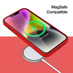 Just Mobile TENC silikonskal för iPhone 14 i korall, visas med grafik för MagSafe-kompatibilitet