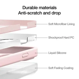 Exploderad vy av Just Mobile TENC Silicone Case som visar rosa lagerkonstruktion och mjukt mikrofiberfoder