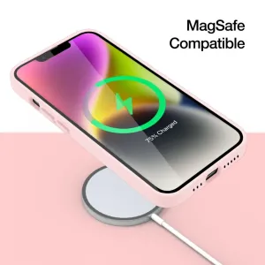 Just Mobile TENC rosa silikonskal för iPhone 14, visas med grafik för MagSafe-kompatibel trådlös laddning.