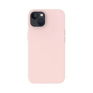 Just Mobile TENC rosa silikonskal för iPhone 14, visas med upphöjd kamerautskärning och skydd för sidoknappar.