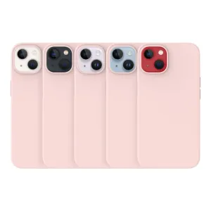 Just Mobile TENC-silikonskal för iPhone 14, visas i rosa med fyra andra färgalternativ mot vit bakgrund.