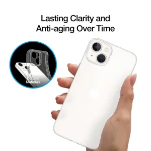 Just Mobile transparent, slimmat skal på iPhone 14, med MagSafe-kompatibelt skydd och upphöjd kameraram.