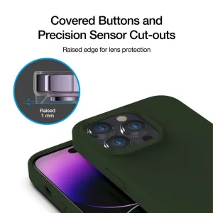 Just Mobile TENC silikonskal för iPhone 14 Pro i mörkgrönt, med upphöjd kamerakant på 1 mm och täckta knappar