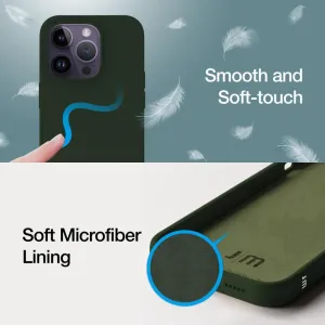 Just Mobile TENC-silikonskal för iPhone 14 Pro i mörkgrönt, visas med invändigt foder och detaljer kring kamerautskärningen