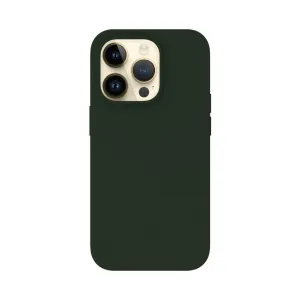 Just Mobile TENC silikonskal för iPhone 14 Pro i mörkgrönt, visat bakifrån med upphöjd kamerautskärning