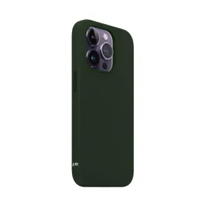 Just Mobile TENC silikonskal till iPhone 14 Pro i mörkgrönt, med upphöjd kamerautskärning och slimmad matt finish