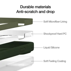 Sprängskiss av Just Mobile TENC Silicone Case som visar fyra skyddande lager för iPhone 14 Pro