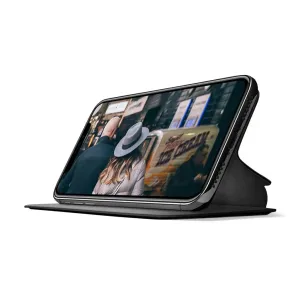 Twelve South SurfacePad för iPhone X, svart foliofodral i läder i stativläge för handsfree-visning