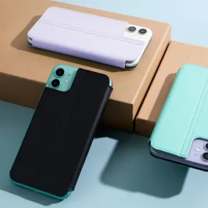 Twelve South SurfacePad iPhone 11 plånboksfodral i läder i lavendel, svart och mint visas upp
