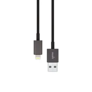 Moshi USB-A till Lightning-kabel, 1 m svart laddnings- och synkroniseringskabel med märkt kontakt på vit bakgrund