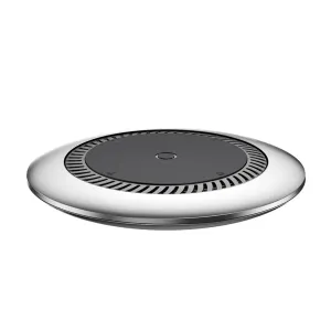 Baseus Whirlwind trådlös Qi-laddare med fläkt, rund silverfärgad och svart laddningsplatta på vit bakgrund