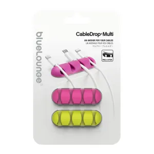 Bluelounge CableDrop Multi kabelorganiseringspaket med rosa och limegröna hållare och självhäftande baksida