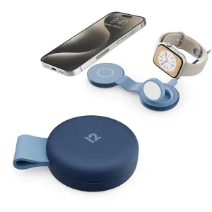 Twelve South butterFly SE, en kompakt 2-i-1-laddare i kustblått, visas uppfälld med iPhone och Apple Watch.