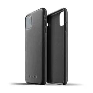 Mujjo svart helskinnsfodral för iPhone 11 Pro Max visas framifrån och invändigt med upphöjd kamerautskärning
