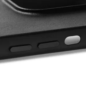 Mujjo Full Leather Case för iPhone 14, närbild på svart läder med upphöjda sidoknappar och kantskydd