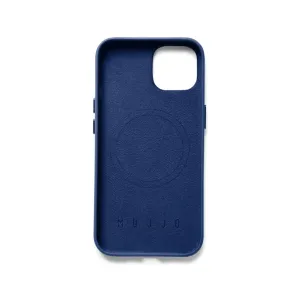 Mujjo Monaco Blue iPhone 14-skal i läder med MagSafe-ring och upphöjd kamerautskärning, baksida