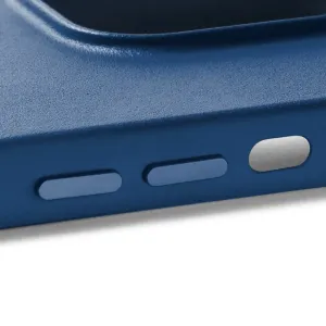 Mujjo blått läderfodral till iPhone 14, kant med sidoknappsskydd och strukturerad finish