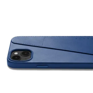 Mujjo plånboksfodral helt i läder för iPhone 15 Plus och 14 Plus i Monaco-blått, med kortficka och kamerautskärning.