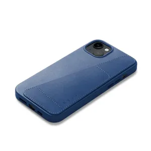 Mujjo plånboksfodral i Monaco-blått läder för iPhone 15 Plus och 14 Plus med upphöjd kamerautskärning