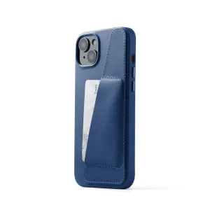 Mujjo blått plånboksfodral i läder för iPhone 15 Plus och 14 Plus, med kortfack och upphöjd kamerautskärning