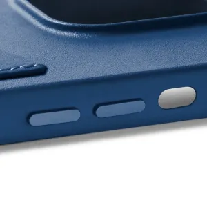 Mujjo Monacoblått plånboksfodral i läder för iPhone 15 Plus och 14 Plus med skydd för sidoknappar