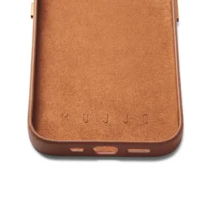 Mujjo plånboksfodral i ljusbrunt läder för iPhone 14 Pro med präglad logotyp och exakta knapputskärningar