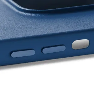 Mujjo läderfodral med MagSafe för iPhone 14 Pro Max i Monaco-blått, närbild av strukturerade sidoknappar