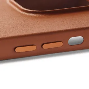 Mujjo Leather Case med MagSafe för iPhone 14 Pro Max i ljusbrunt, närbild av texturerat läder och sidoknappar