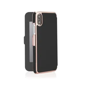 Pipetto plånboksfodral för iPhone XR i svart och roséguld med spegelpanel och vikbart magnetlock
