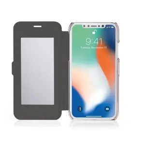Pipetto tunt plånboksfodral för iPhone XR, öppet svart foliofodral med spegelpanel och kortfack.