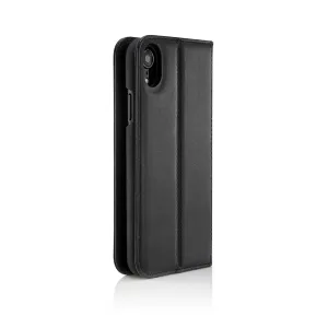 Pipetto svart magnetiskt foliofodral för iPhone XR med avtagbart skal, sytt läderöverdrag och telefonen synlig