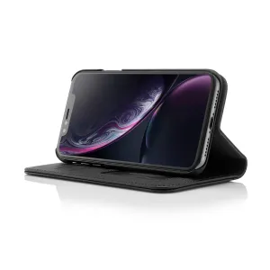 Pipetto magnetiskt foliofodral för iPhone XR i svart, öppnas som ett handsfree-stativ med löstagbart skal