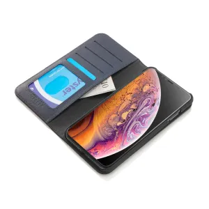 Pipetto läderfodral i folioformat för iPhone XS Max, öppet, med kortfack och telefonhållare i marinblått