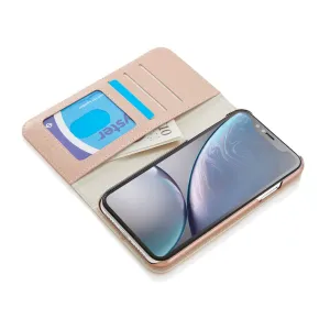 Pipetto rosa magnetiskt plånboksfodral i folioformat i läder för iPhone XR, öppet med kortfack och telefon inuti