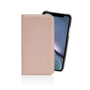 Pipetto rosa läderfodral i foliostil för iPhone XR, visas stängt med magnetisk plånbok och stativdesign