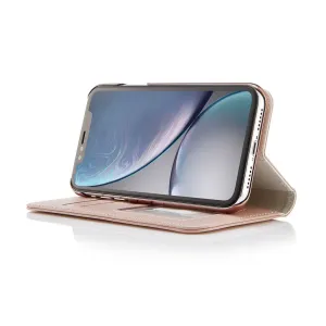 Pipetto Magnetic Folio läderfodral för iPhone XR i rosa, vikt till ett ställ med telefonen på plats