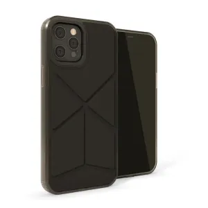 Pipetto Origami Snap Case för iPhone 12 Pro Max i svart, med vikbar stativdesign och skyddande kant.
