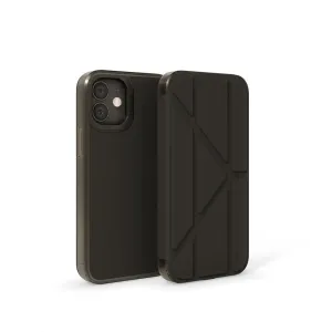 Pipetto Origami Folio-skal för iPhone 12 Mini i svart, öppet för att visa vikbart stativ och kamerautskärning