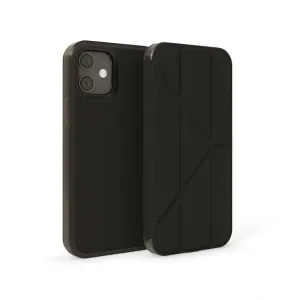 Pipetto Origami foliofodral för iPhone 12/12 Pro i svart, visat stängt och öppet med kamerautskärning